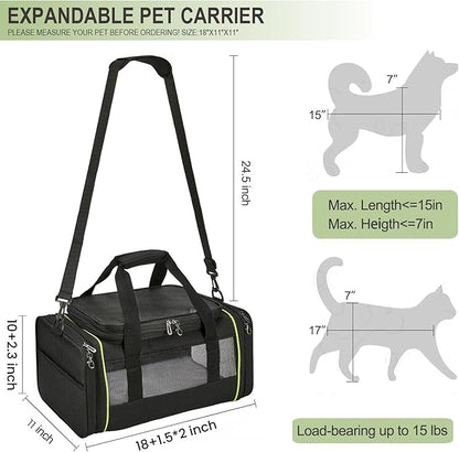 Black Expandable Pet Carrier for Cats/Dogs - Airline Approved, 2-Side & Height Extendable Design - Soft Sided Travel Bag(Black)