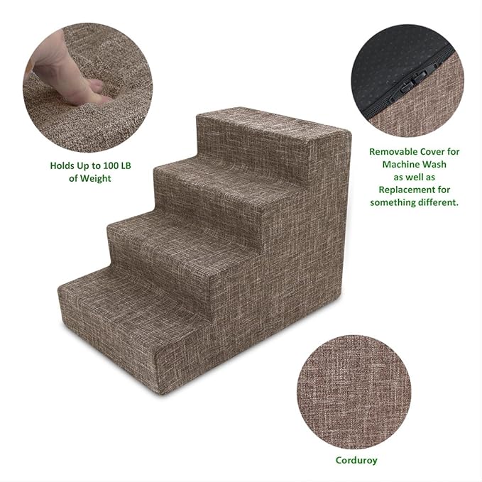 Best Pet Supplies Dog Stairs for Small Dogs & Cats, Foam Pet Steps Portable Ramp for Couch Sofa and High Bed Non-Slip Balanced Indoor Step Support, Paw Safe No Assembly - Brown Linen, 4-Step