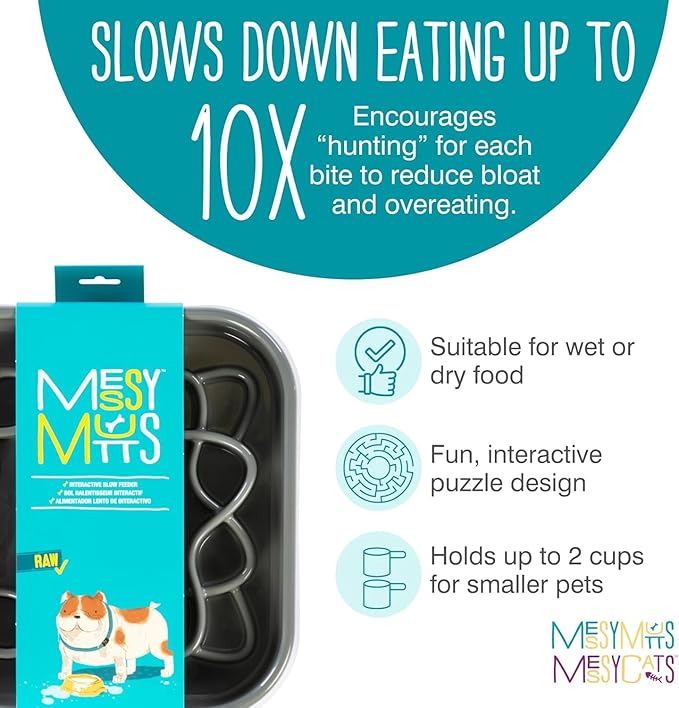 Messy Mutts and Cats Interactive Square Slow Feeder | Cool Grey (2 Cup) | 8” x 8” Square Puzzle Slow Feeder for Dogs/Cats | Enrichment Food Dish for Slow Eating, Bloating