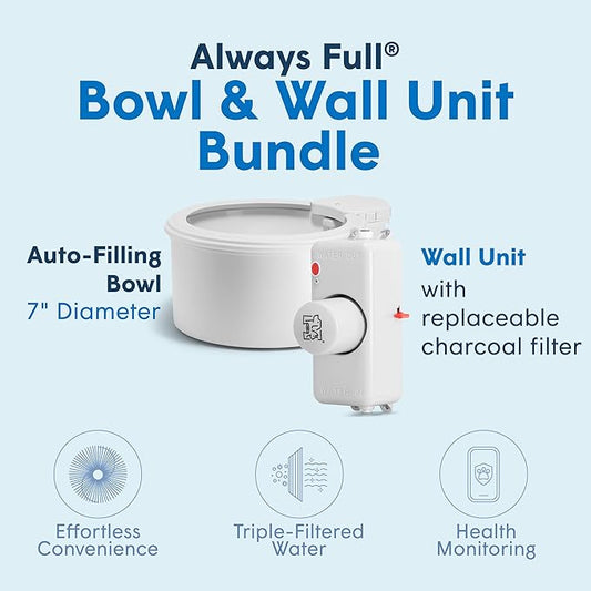 Always Full® 9” Dog Water Bowl with Wall Unit, Self Refilling Clean Filtered Water System, App Enabled Smart Hydration Tracking, Automatic Water Bowl for Dogs and Cats