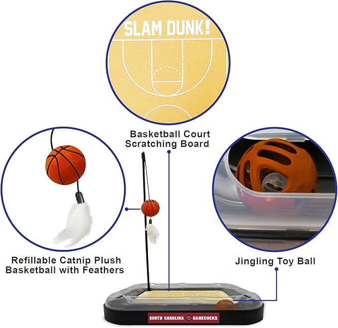 NCAA SOUTH CAROLINA Gamecocks 6-in-1 Reversible Basketball Court Felt & Cardboard Cat Scratcher Toy with Catnip-Filled Plush Basketball