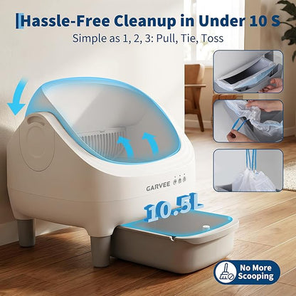 Self Cleaning Litter Box, Automatic Cat Litter Box with APP Control, Odor-Free Waste Disposal Includes Trash Bags, Large Waste Bin, Open-Top, for Multiple Cats, Light Grey