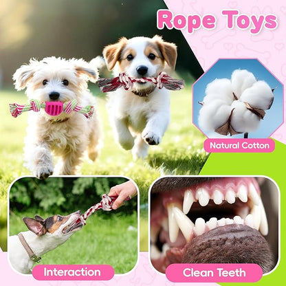 8 Pack Luxury Puppy Toys for Teething Small Dogs, Puppy Chew Toys with Squeaky Dog Toys, Balls and Rope Dog Chew Toys, Dog Toys to Keep Them Busy (Pink, 8-Pack)