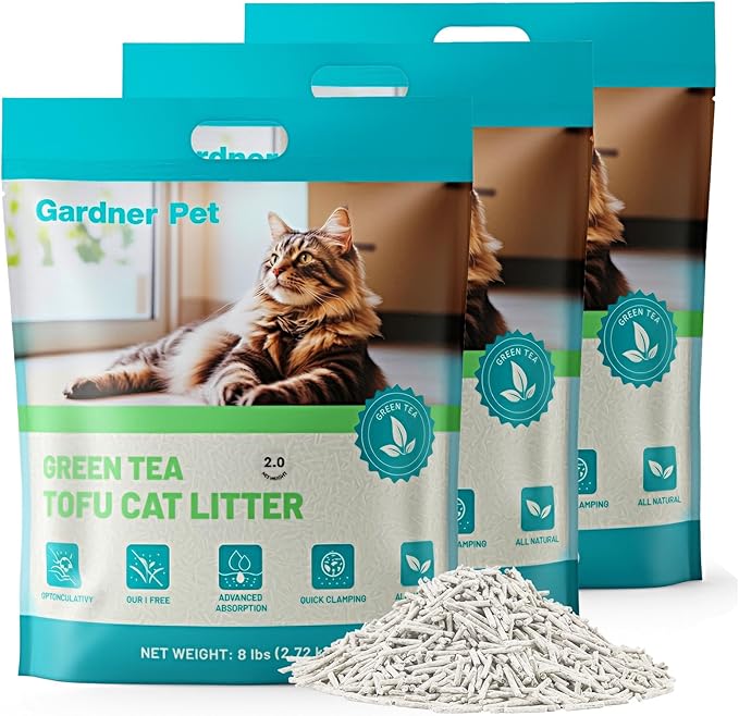 Gardner Pet Natural Tofu Cat Litter with Green Tea Extract – [2026 Upgraded] Fast Absorbing & Strong Clumping, Low Dust Cat Litter for Odor Control, Easy Scooping for Multi-Cat Homes, 6 lbs x 3 Pack