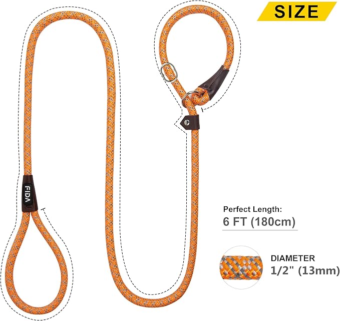 Fida Durable Slip Lead Dog Leash Bulk Pack of 5, Heavy Duty 1/2" x 6 FT Comfortable Strong Rope Slip Lead for Large, Medium Dogs No Pulling Pet Training Leash with Highly Reflective (Orange)