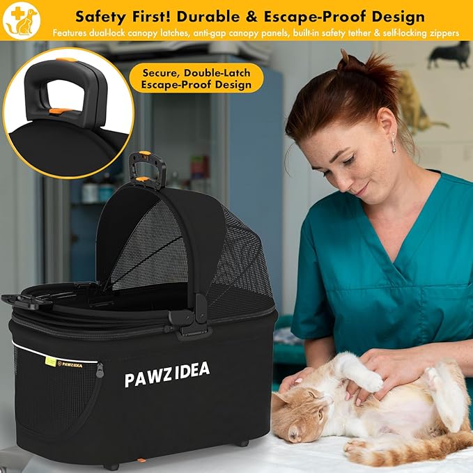 PAWZIDEA Portable Small Dog Crate for Car Travel up 33lbs, Enclosed Dog Car Seat Soft-Sided, Escape-Proof Reversible No-Zip Canopy, Foldable Pet Carrier Seatbelt for Small Medium Puppies & Cats Kennel