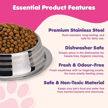 Stainless Steel Dog Bowls | Cat Bowls (Pack of 2) - Anti Skid & Non Tip Dog Water Bowl | Cat Water Bowl Set - Dishwasher Safe - 32 Oz - 950 ml - 23 cm Diameter (Elegant Silver Stripes)