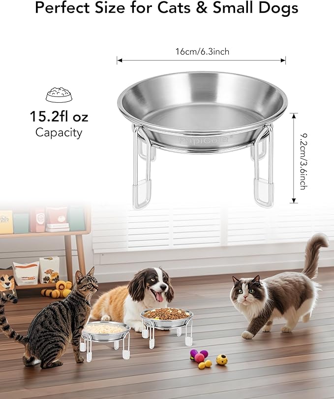 Upgrade Elevated cat Bowl, Raised Stainless Steel Cat Food and Water Dishes, Small Dog Bowl, Whisker Friendly, Anti-Vomiting, Neck Stress-Free, Non-Slip Stainless Steel Stand with 4 Legs- 2Pack