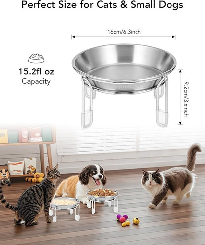 Upgrade Elevated cat Bowl, Raised Stainless Steel Cat Food and Water Dishes, Small Dog Bowl, Whisker Friendly, Anti-Vomiting, Neck Stress-Free, Non-Slip Stainless Steel Stand with 4 Legs- 2Pack