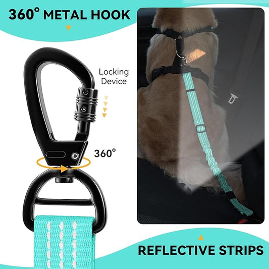 Pawaboo 2Pack Dog Seatbelt for Car, 3-in-1 Dog Car Seat Belt, Shockproof Dogs Tether with Buckle & Hook Latch, Adjustable Reflective Dogs Cars Leash with 360° Lockable Buckle, Lake Blue + Black