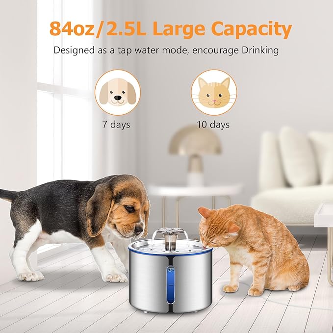 Cat Water Fountain, 84oz/2.5L Stainless Steel Pet Water Fountain for Cats, Dogs and Multiple Pets, Automatic Dog Water Dispenser with Water Level Window, Ultra-Quiet Pump