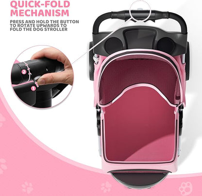 Magshion 3-Wheel Pet Stroller, Foldable Travel Jogger for Small & Medium Dogs & Cats (Up to 33lbs), Lightweight Carrier with Breathable Mesh Cover, Cup Holder & Storage Basket, Pink