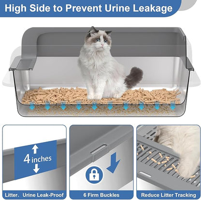 XXXL Stainless Steel Sifting Litter Box with Lid, 28'' L × 20'' W Extra Large Sifting Cat Litter Box for Pine Pellets & Big Cats & Multiple Cats, Metal Pellet Sifter Litter Pan System for Odor Control