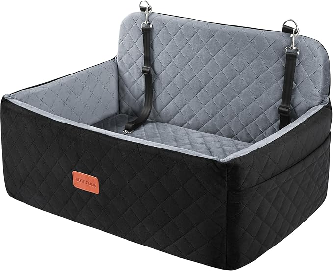 HEGGCOOE Dog Car Seat for Medium/Large Dogs, Pet Booster Seat for Up to 55 lbs or 2 Small Dogs, Detachable & Washable Dog Car Bed for Backseat with 2 Safety Leashes (Black/Grey)
