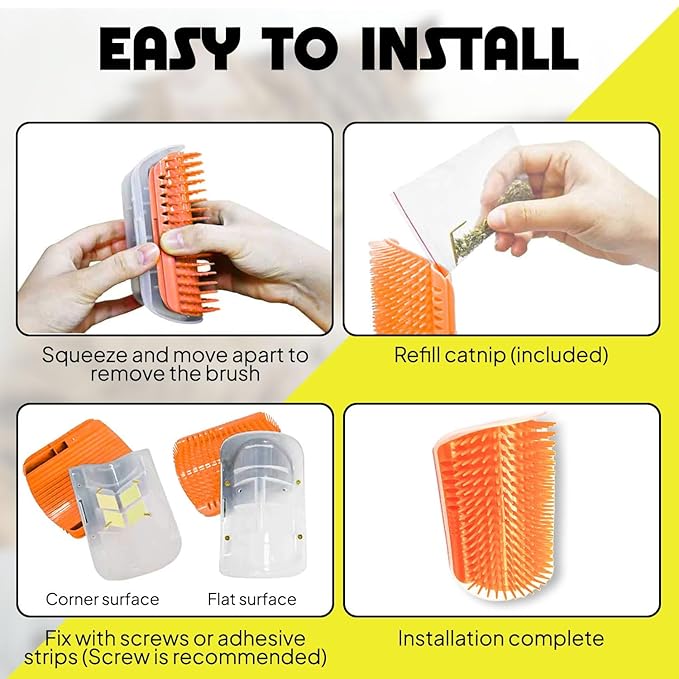 Cat Self Groomer – Wall Corner Grooming Brushes for Cats and Small Pets – Soft Silicone Massage Brush for Shedding Control and Face Rubbing (Orange)