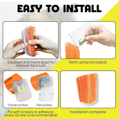 Cat Self Groomer – Wall Corner Grooming Brushes for Cats and Small Pets – Soft Silicone Massage Brush for Shedding Control and Face Rubbing (Orange)