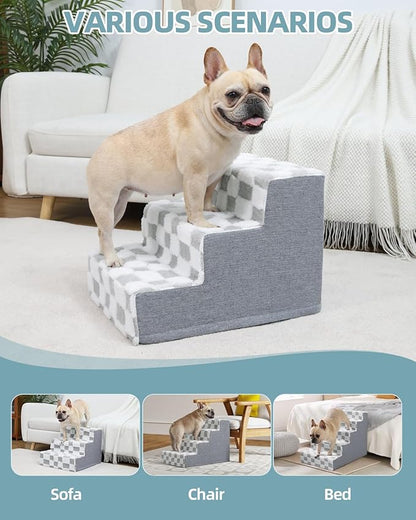KSIIA Dog Stairs for Small Dogs & Cats Pet Stairs Supportive 3-Tier Pet Steps for Bed Couch Sofa Chair, No-Slip Cat Steps with Removable Washable Cover, 18" D x 15" W x 13" H, Grey