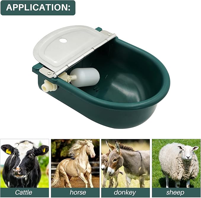 MINYULUA Automatic Waterer Bowl Large Horse Waterer with Float Valve and Drain Plug Automatic Water Feeder Dispenser Bowl for Sheep Dog Horse Cow Pig Plastic (Dark Green)