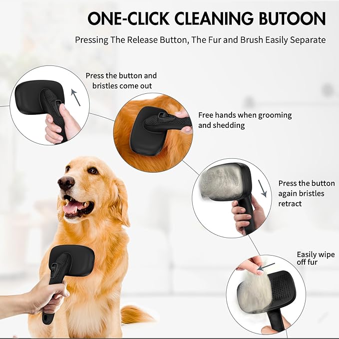 Dog Brush for Shedding, Self Cleaning Slicker Brush Ideal for Short Long Haired Dogs & Cats. Removes Loose Fur, Undercoat, Mats, Tangled Hair. Suit for Large Medium Small Animal, Black