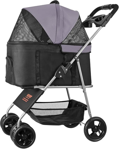 VEVOR Pet Stroller, 35 lbs Weight Capacity, Foldable Dog Stroller Cart, 4 Wheels Cats Strollers with with Detachable Carrier & Mesh Windows, Portable Design with Brake for Small to Medium Pets