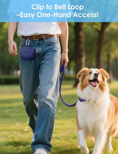 RBibei【One-Hand Access Silicone Dog Treat Pouch, Small Pocket Sized Training Pouch with Pull Tab & Auto Closing Lid for Easy Pet Training & Walking (Blue)