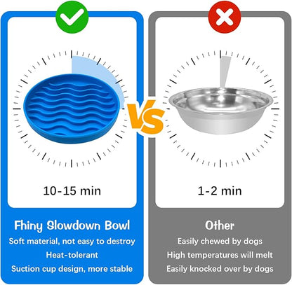 Fhiny Slow Feeder Dog Bowl Non-Slip Silicone - Blue Pet Food Dish for Fast Eaters, Dishwasher Safe