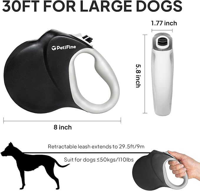 PetiFine Retractable Dog Leash,30 FT Heavy Duty Dog Walking Leash for Medium Large Dogs up to 110 lbs, Upgraded No Tangle Long Retractable Dog Lead