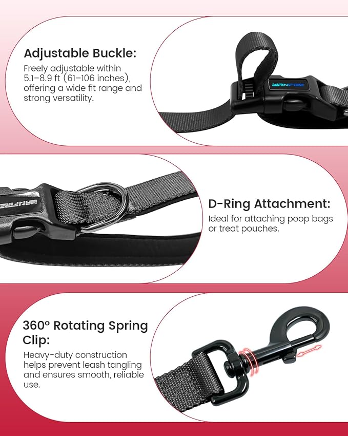 Hands Free Dog Leash, 5.1-8.9Ft Crossbody Long Leash, Waist Dog Belt for Small & Medium Dogs, City Walking & Running Outdoor Hiking &Travel etc. (Black)