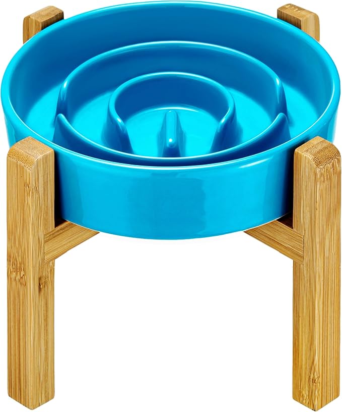 Ceramic Slow Feeder Dog Bowls Elevated, 2.0 Cups Slow Feeder for Medium Dogs, Puzzle Maze Bowl to Slow Down Eating, 30oz, 8in, Blue