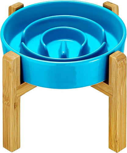 Ceramic Slow Feeder Dog Bowls Elevated, 2.0 Cups Slow Feeder for Medium Dogs, Puzzle Maze Bowl to Slow Down Eating, 30oz, 8in, Blue