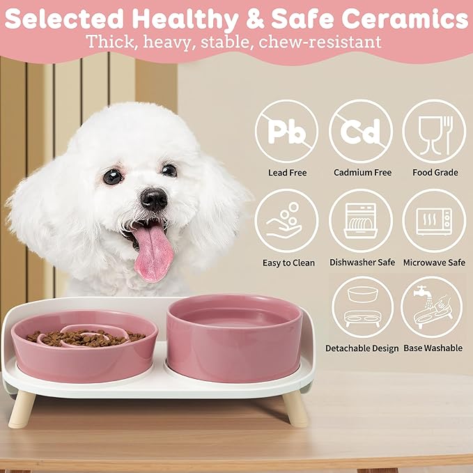 Elevated Slow Feeder Dog Bowls - Ceramic Food and Water Bowl Set with Stand - Raised Pet Dishes for Small and Medium Sized Dogs