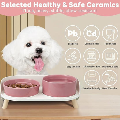 Elevated Slow Feeder Dog Bowls - Ceramic Food and Water Bowl Set with Stand - Raised Pet Dishes for Small and Medium Sized Dogs