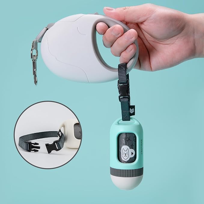 SVD.PET Dog Poop Bag Dispenser, Retractable Dog Waste Bag Holder for Leash, Pet Poop Bag Holder with 15 Bags, Dog Walking Accessory (Jade/White)