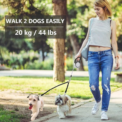 Dual Retractable Dog Leash Small Breed (Up to 44 Lbs Each) - Double Headed 16 ft Extendable Pet Leash with Poop Bags, Non Slip Grip - One Button Break & Lock, 360° Tangle-Free (Blue, Medium)