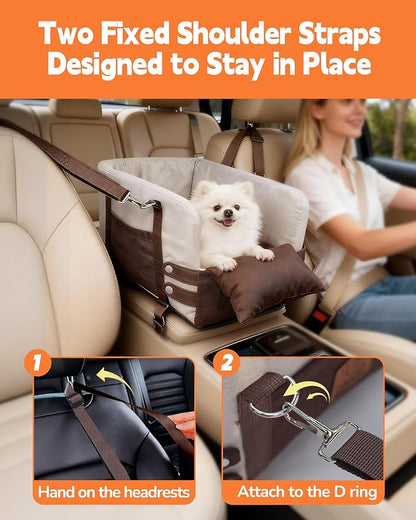 JZXOIVA Console Dog Car Seat & Travel Bed for Small/Medium Dogs, Booster Dog Car Seat with Safety Tether, Non-Slip Base, Washable Cover, Front or Back Seat Pet Carrier Bed, Brown