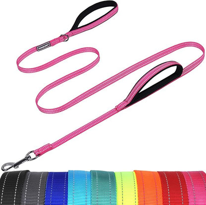 VIVAGLORY Dog Leash Twingrip Double Handle Dog Leash with Traffic Handle Control & 2 Loop for Walking & Training, Reflective Heavy Duty for Puppy Pet Collar, 4ft x 1/2in, Pink