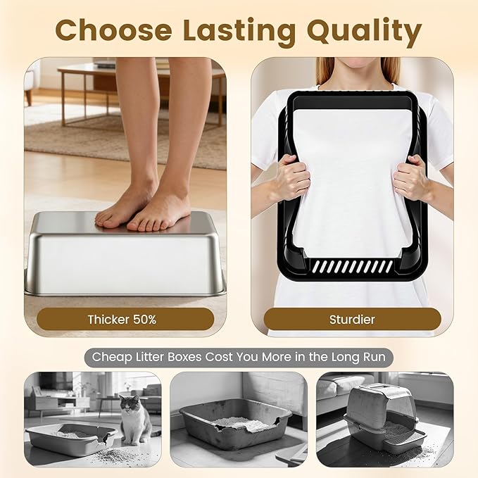11.8" High Sided Cat Litter Box, Open-Top, Low Entry for Kittens & Small Cats, Stainless Steel Litter Pan Easy to Clean, Anti-Leak, Compact Space-Saving Size(17.3" L x 13.4" W × 11.8" H)