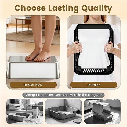 11.8" High Sided Cat Litter Box, Open-Top, Low Entry for Kittens & Small Cats, Stainless Steel Litter Pan Easy to Clean, Anti-Leak, Compact Space-Saving Size(17.3" L x 13.4" W × 11.8" H)