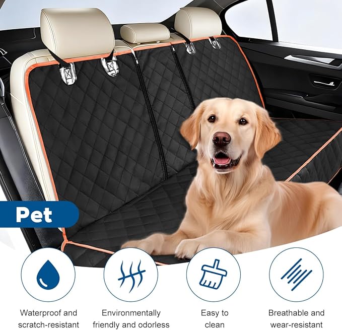 Dog Car Back Seat Cover, Waterproof Scratch-Resistant 600D Heavy Duty Vehicle Pet Bench Seat Protector, Non Slip Automotive Interior Backseat Cushions, Universal for SUV Sedan Truck (Orange)
