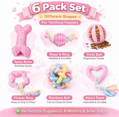 Pink Puppy Toys, 6- Pack Teething Chew Toys, Soft Durable Rubber Teething Toys for Puppies Small Breeds, Eco-Friendly, Interactive Puppy Chew Toys for Small Dogs, (Basket not Included)
