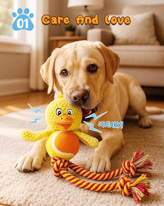 Swooflia Durable Squeaky Dog Toy - Interactive Plush Cute Duck with Rope Legs, Teeth Cleaning Tug Toy for Small Medium and Large Dogs, Puppy Chew Toy for Training and Play