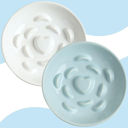 2 Pack Ceramic Slow Feeder Cat Bowl, Raised Puzzle Feeder, Anti-Vomiting, Elevated Food Bowl, Whisker Friendly (White, Blue)