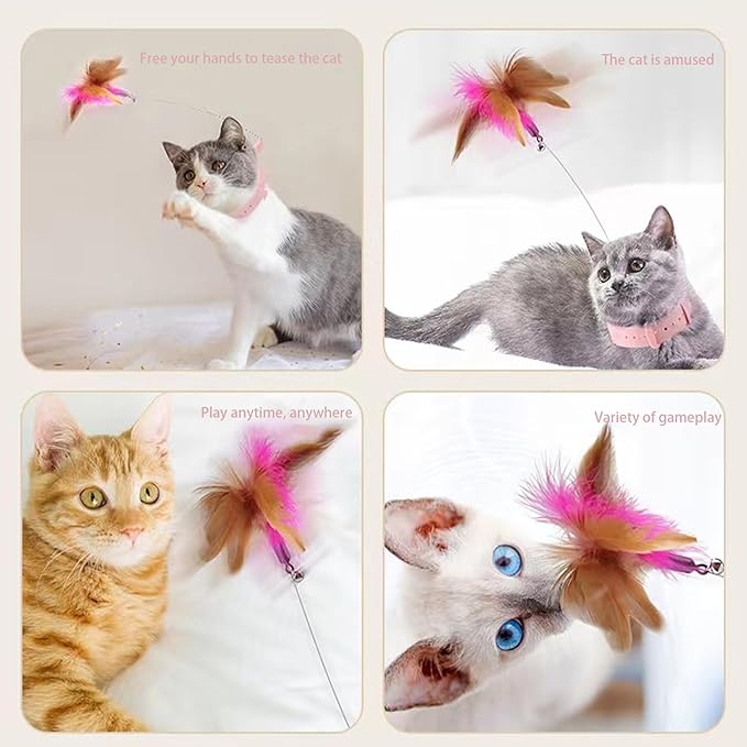 Cat Collar Funny Cat Stick,Interactive Cat Feather Toys with Bell,Cat Teaser Collar Cat Teasing Wand Silicone Collar Interactive Cat Feather Toys for Kitten Play Pink