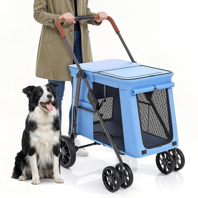 MoNiBloom Pet Stroller for Medium to Large Dogs up to 66lb, One-Button Fold System, Breathable Mesh Top & Sides, Portable Dog Wagon for Outdoor