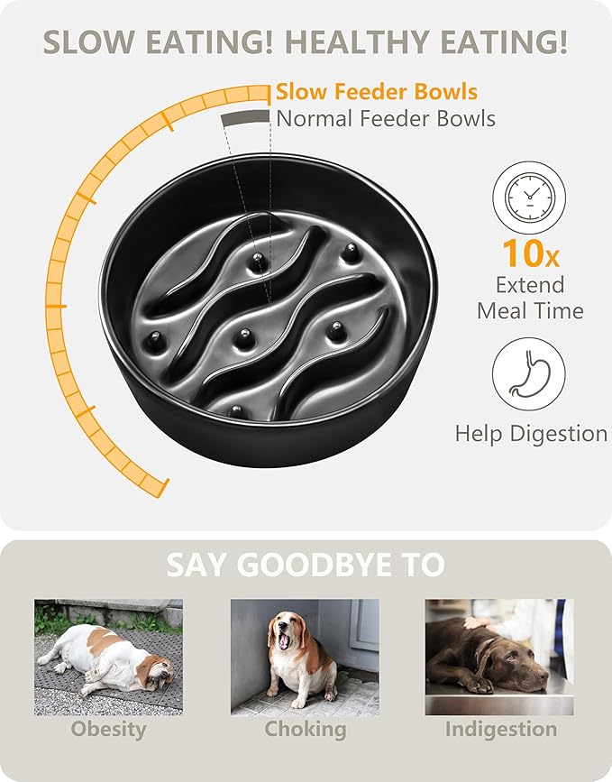 Ceramic Slow Feeder Dog Bowls Elevated, 0.6 Cup Dog Slow Feeder for Small Dogs, Puzzle Maze Bowl, 14oz, 6in, Black