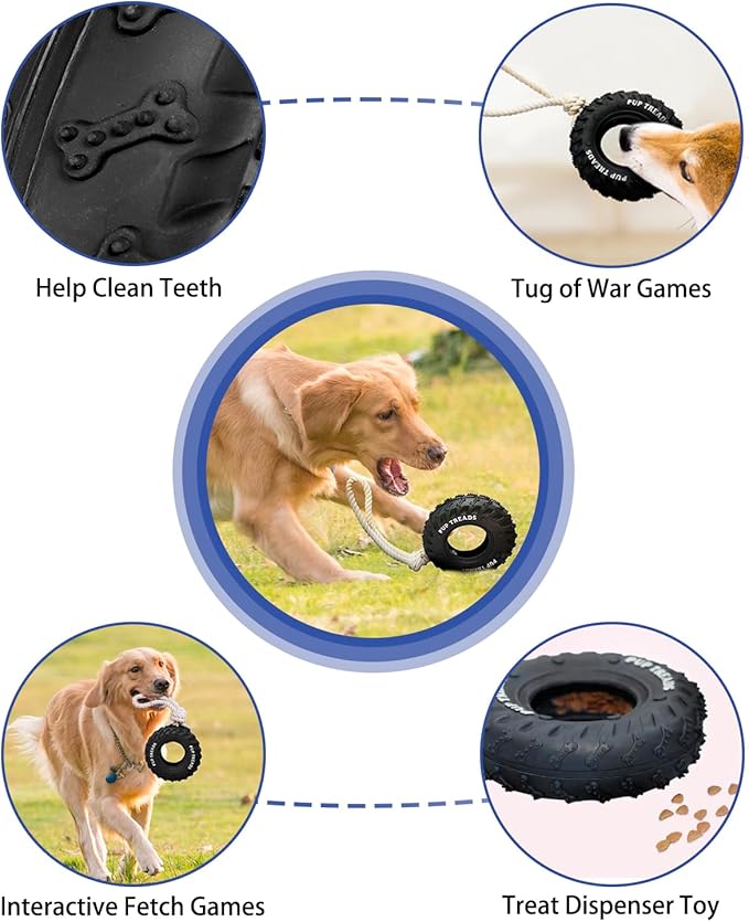 SCHITEC Dog Chew Toy with Rubber Tire & Tug of War Rope for Medium Large Dogs Aggressive Chewers, Interactive Fetch Play Treat Dispenser Pull Toys