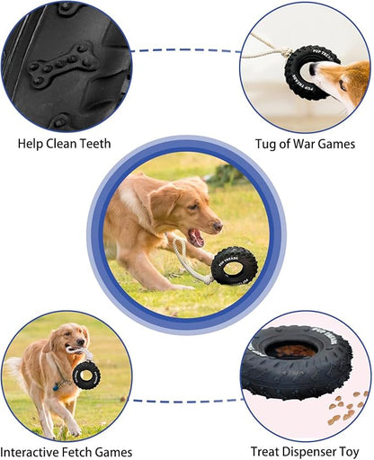 SCHITEC Dog Chew Toy with Rubber Tire & Tug of War Rope for Medium Large Dogs Aggressive Chewers, Interactive Fetch Play Treat Dispenser Pull Toys