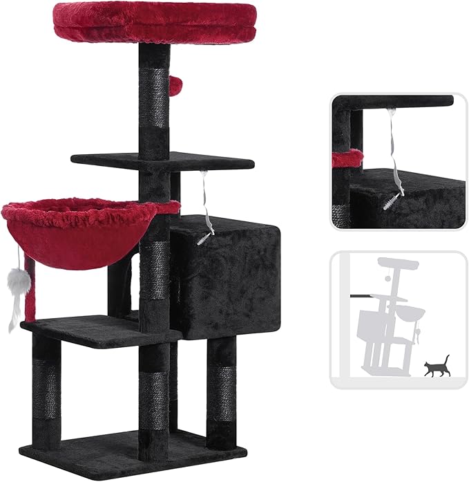 Heybly Cat Tree with Toy, Cat Tower Condo for Indoor Cats, Cat House with Padded Plush Perch, Cozy Hammock and Sisal Scratching Posts, Black and Red HCT004SBR