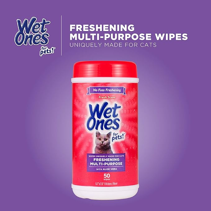 Wet Ones for Pets Freshening Multipurpose Wipes for Cats with Aloe Vera, Fresh Scent - Easy to Use Cat Cleaning Wipes for Pet Grooming in Canister, 50 Count - 12 Pack