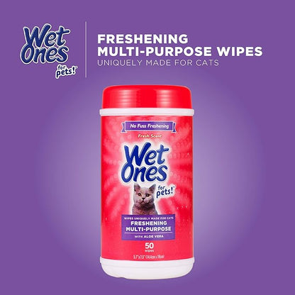 Wet Ones for Pets Freshening Multipurpose Wipes for Cats with Aloe Vera, Fresh Scent - Easy to Use Cat Cleaning Wipes for Pet Grooming in Canister, 50 Count - 12 Pack
